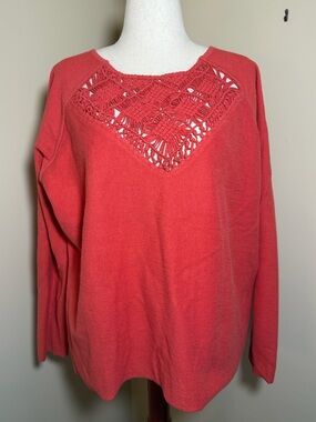 Sundance Sweater Womens Large Coral Crochet Lace Knit Boho Long Sleeve Top